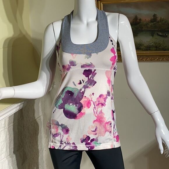 Lululemon Scoop Neck Tank Top Blurred Blossoms White / Heathered Fossil - Picture 11 of 16